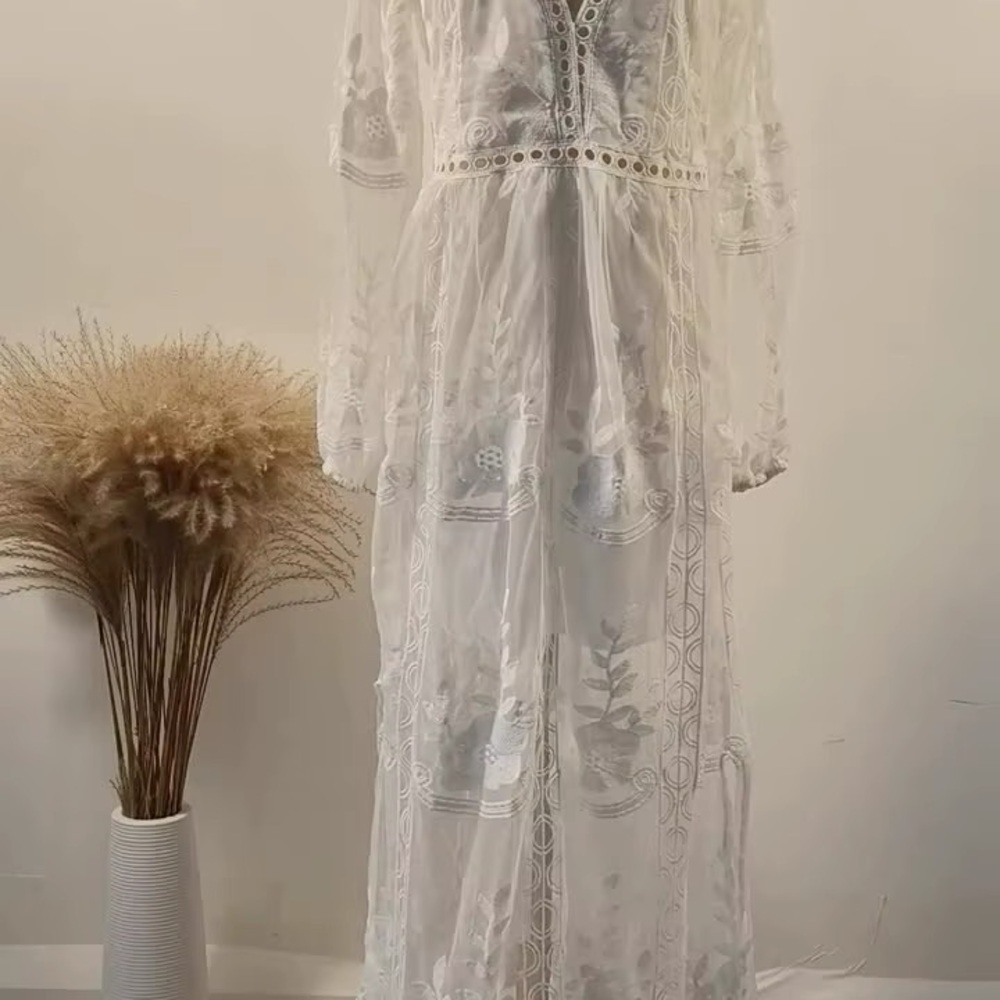 Women boho Elegant Sheer White Maxi Dress lace - Picture 4 of 4